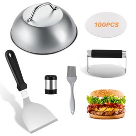 6pcs Burger Smasher Press Set Stainless Steel, Griddle Accessories with Cheese Melting Dome, Spatula, Brush, Oil absorbing Paper und Condiment Bottle, Burger Making Tools for Flat Top Grill Cooking