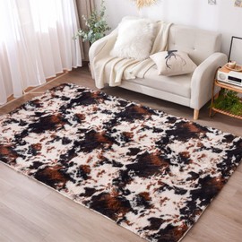 Aimuan Cow Print Area Rug Cute Fluffy Faux Cowhide Rug Super Soft Shaggy Carpets Tie-Dye Rugs for Living Room Bedroom Girls Kids Room Nursery Home Decor Non-Slip Mat (Coffee-Black, 4x6)