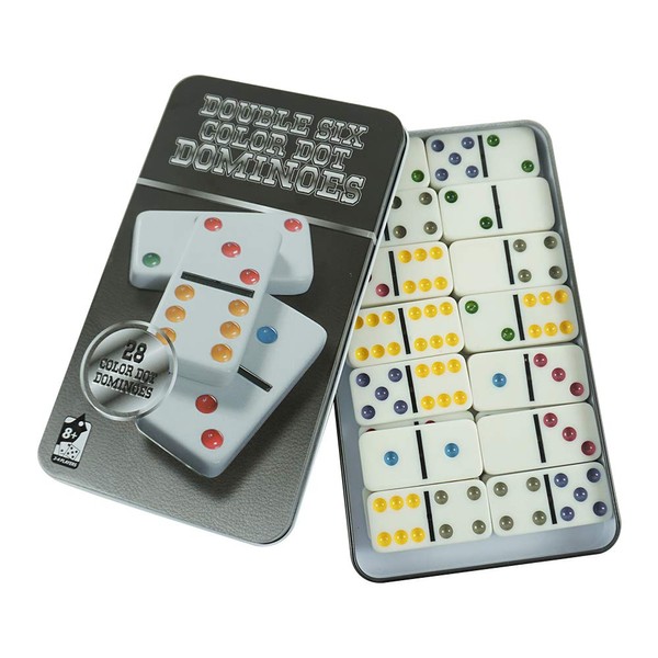 Rosemary 28X Color Dot Double Six Dominoes Table Game Set in Tin Box for Family & Party Entertainment