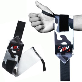 AQF Power Weight Lifting Wrist Wraps Supports Gym Training Fist Straps - Sold as Pair & One Size Fits All (Grey Camo)