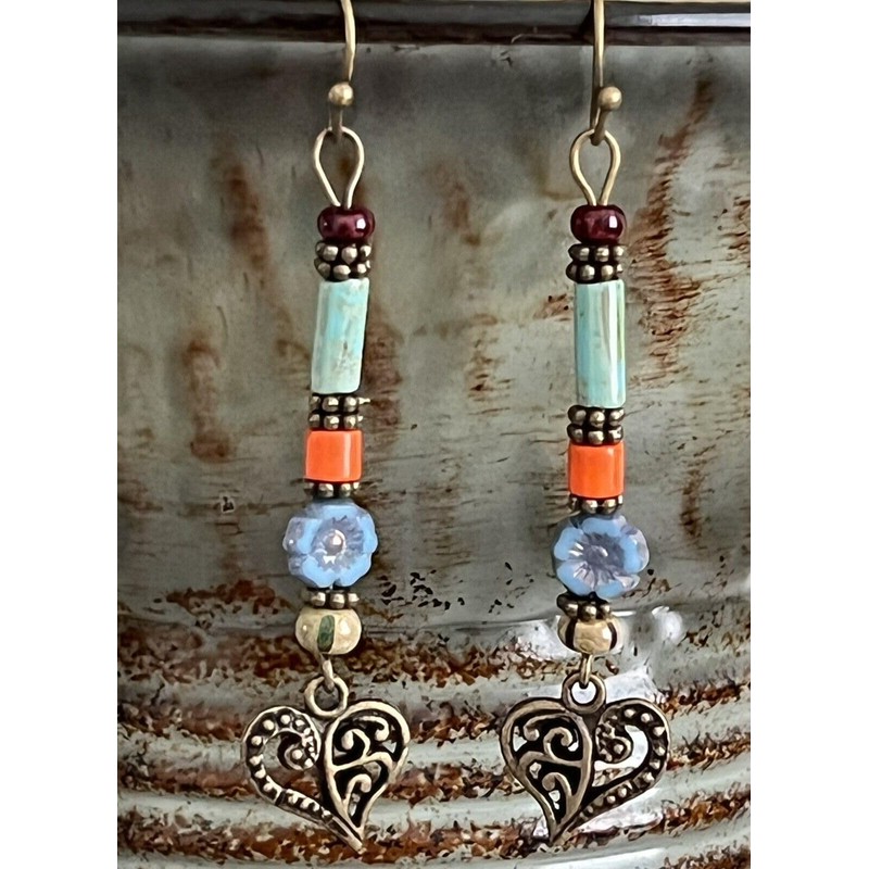 Turquoise Beaded Earrings Flowers Etched Bronze Heart Hippie Earrings Jewelry