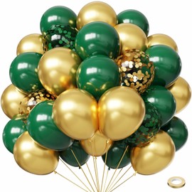 Hiquaty Green and Gold Latex Balloons,50pcs 12 inch Dark Green Balloons Gold Confetti Balloons with Ribbon for Birthday St. Patrick's Day Wedding Party Decoration