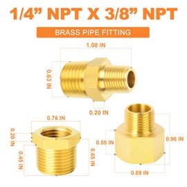 GASHER 6PCS Brass Pipe Fitting, Hex Bushing, Reducer Adapter, Reducing Hex Nipple 3/8 Inch NPT x 1/4 Inch NPT