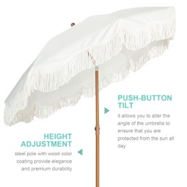 AMMSUN Boho Fringe Umbrella with Outdoor Blanket, 6.5ft UPF50+ Picnic Umbrella with Tassels with Steel Pole & Push Button Tilt, Antique White