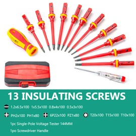 Insulated VDE Screwdriver Set, Electrician, Screwdriver Set with Voltage Tester for Voltages up to 1000 V, Pluggable, Magnetic Slotted Torx Screwdriver, Durable Hand Tools, Pack of 13
