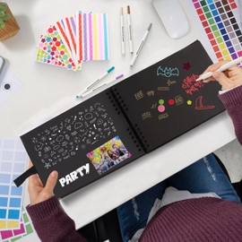 Scrapbook, 80 Pages Large Photo Album Scrapbook Kit with 6 Metallic Marker Pens and 6 Sheets Stickers, Black Memory Book for Anniversary Wedding Travelling 29 x 21.5cm（11.4 x 8.5in）