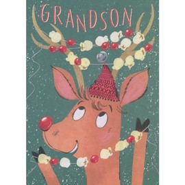 Designer Greetings Reindeer Looking Up at Popcorn and Cranberries Garland on Antlers Juvenile Christmas Card for Grandson