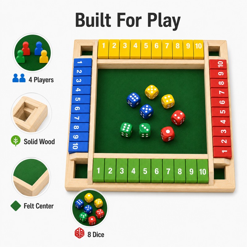 Wooden Shut The Box Dice Game for 4 Players -