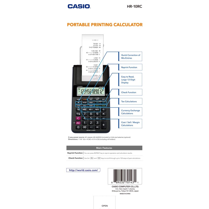 Casio HR-10RC Mini Desktop Printing Calculator | Portable | 12-Digit