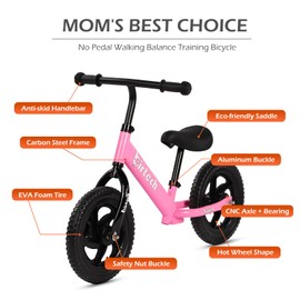 Birtech 12 Inch Toddler Balance Bike for Kids 2-6 Years Old, Adjustable Seat Height, Indoor Outdoor Toy Bicycle With No Pedals, Pink