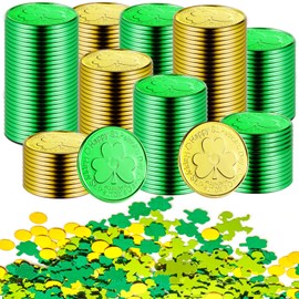 150 Pcs St Patricks Day Gold Coins Plastic - Gold Green Lucky Coins St Patricks Day Table Decorations Shamrock Coins and 1 Oz Clover Confetti for Party Decoration Favors