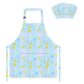 TOPWAYS Kids Aprons, Chef Hat Set Children Apron, Pink Octopus Print Children's Apron Adjustable with 2 Pockets for Cooking Baking Painting Wear (Pink Octopus)