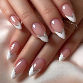 Medium Almond Press on Nails Fake Nails White French Tip with Rhinestone Designs Full Cover False Nails for Women Manicure 24 Pcs (White-40, M-40)