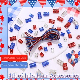VENOFEN 66Pcs Blue Red Hair Cuffs Clips 4th of July Loc Jewelry Three Colors Hair Strings Silver Dreadlock Rings Independence Day Braids Accessories for Women Girls