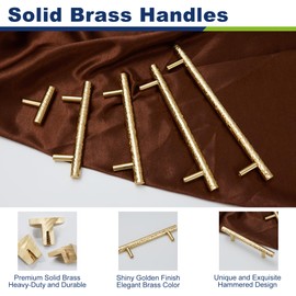 KOPPALIVE 6-Pack Solid Brass Kitchen Cabinet Pulls, Gold Modern T-Bar Handles, 4-Inch Hole Center Hammered Handles for Dresser Drawer Cupboard, 5-13/16 Inch Total Length, Polished Finish