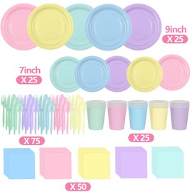 EUVBOKW 200 Pcs Pastel Party Supplies Disposable Dinnerware Set, Includes Paper Plates Cups Napkins Plastic Forks Knives Spoons for Spring Easter Wedding Birthday Party Decorations Serves 25 Guests