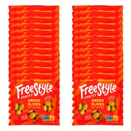 Freestyle Snacks Olive Snack Packs - Single Serve - Fresh Pitted Green Olives, Jumbo-Sized, Grown in Greece, All Natural, Non-GMO, Paleo, Sugar-Free, Keto, Salty Snack - Hot and Spicy, 1.1oz (24 Pack)