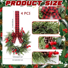 4PCS Mini Christmas Wreaths with Bows - 9Inch Small Cabinet Wreaths for Kitchen Artificial Snowy Cedar Wreath with Red and Black Plaid Ribbon Farmhouse Wreath for Holiday Christmas Party Decorations