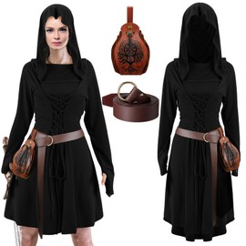 Toulite Women Renaissance Costume Hooded Dress Viking Belt Medieval Leather Drawstring Pouch Steampunk Belt(XX-Large,Black)