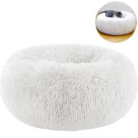TINTON LIFE Luxury Faux Fur Pet Bed for Cats Small Dogs Round Cuddler Oval Plush Cozy Self-Warming Cat Bed for Improved Sleep, White L