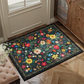 Loismood Floral Area Rug Non Slip Doormat Low Pile Outdoor Entryway Rugs Super Absorbent Easy Clean Front Door Mat for Living Room, Kitchen and Dining Room (35"x24", Black)