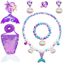 7 Piece Mermaid Jewellery Set for Girls, Mermaid Fin Girls Bag Necklaces Bracelets Rings Earrings for Children Girls Party Birthday Gift