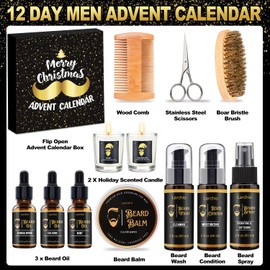 Men Christmas Gifts, Stocking Stuffer for Men with 12 Day Beard Grooming Kits with Beard Oil, Beard Spray, Beard Balm and Beard Conditioner and Beard Comb Holiday Scented Candle