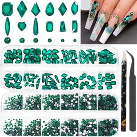 2920 Pieces Nail Art Rhinestones Set Round Flat Back Rhinestones Multi Shape Nail Gemstones Nail Crystals Diamonds Jewelry Rhinestones for Nail Design DIY Crafts Decoration(Dark Green)