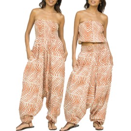 likemary Jumpsuit for Women UK – Printed Cotton Jumpsuit Pulls Down into Elastic Waist Harem Pants – 2-in-1 Outfit Orange Zebra Print
