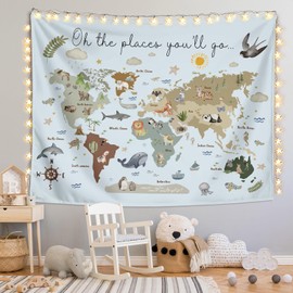 LIANGW World Map Tapestry Wall Hanging for Kids, Animal Continents Wildlife Educational Geography Learning Wall Blanket Decor for Classroom Toddler Kids Room Nursery Playroom, 50x60 Inch