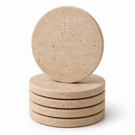4" Natural Travertine Stone Coasters Set of 4,Round Stone Cup Coasters