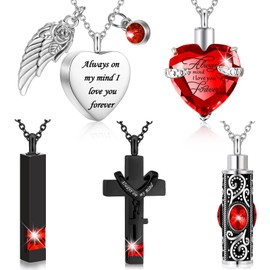 Fumete 5 Pcs Ashes Urn Necklace Keepsake Cremation Heart Cross Cubic Jewelry for Ashes Stainless Steel Memorial Locket Urn Keepsake Necklace for Women Men Loved Ones, 5 Styles(Red)