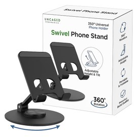 Uncaged Ergonomics 360° Swivel Rotating Adjustable Phone Stand for Desk, Portable & Foldable Cell Phone Stand for Desk, Compact Mobile Stand for Tabletop, Office, Kitchen & Bedroom (Black)