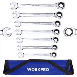 Workpro 8mm-17mm Ratcheting Combination Wrench Set 7PC Combo Wrench Metric Roll Up Pouch