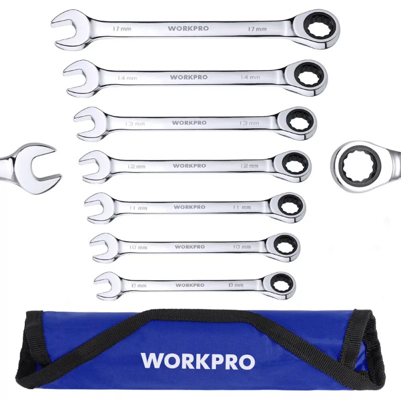 Workpro 8mm-17mm Ratcheting Combination Wrench Set 7PC Combo Wrench Metric