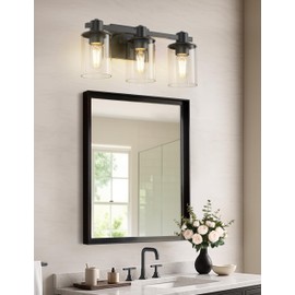 DORESshop 3-Light Udgraded Black Bathroom Light Fixtures, Modern Brushed Bathroom Lights Over Mirror with Clear Glass Shade,Vanity Lights for Bathroom