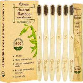 Lingito 6-Pack Natural Charcoal Bamboo Toothbrushes | BPA Free Soft Bristles | Compostable, Eco Friendly, Natural, Organic & Vegan Toothbrush Pack | Individually Packaged & Numbered Active Brushes