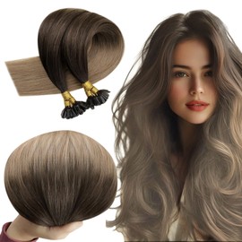 RUNATURE U Tip Hair Extensions Human Hair Dark Brown Fading to Medium Brown with Ash Blonde Utip Hair Extensions Human Hair Straight Keratin Hair Extensions Real Human Hair Pre Bonded 14 Inch 50g 50s
