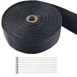 Foneso Car Exhaust Wrap, Exhaust Tape Bandage Titanium Black Fiberglass Heat Insulation Wrap Roll with 10 Stainless Steel Ties, for Motorcycle Car Exhaust Pipes, Mainfold (Black, 1 Roll 10M)