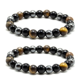 Beads Bracelet Triple Protection, 2 Pack 8 mm Tigers Eye Bracelet Hematite Beads & Black Obsidian Balance Bracelet Gemstones Bracelet for Protection - Bring Luck And Prosperity Unisex 16cm to 18cm