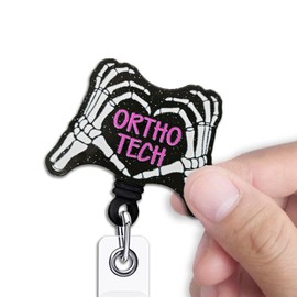 KANGYUSO Funny Finger Bone Retractable Badge Reel, Ortho Tech Black Glitter Badge Reel with Alligator Clip, Orthopedist Gifts, Funny ID Card Holder Gifts for Orthopedic Nurse Doctor Medical Worker