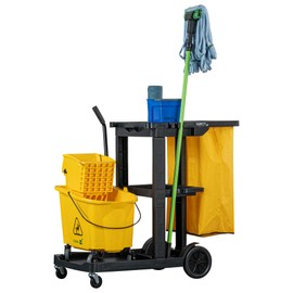 Restaurantware-Clean Tek Professional Janitor Cart with Wheels, 1 Cleaning Trolley with 18 Gallon Bag - 3 Shelves, Heavy-Duty, Black Plastic Commercial Janitorial Cart, for Restaurants