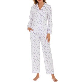 LUBOT 100% Cotton Pajamas for Women 2PC PJ Set Poplin Pajama Set Woven Long Sleeve Button-Down Two Piece Printed Sleepwear Loungewear Set (Violet, S)
