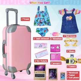 WONDOLL 14-inch-Doll-Clothes and Accessories - Doll-Travel-Suitcase Play Set Including Luggage, ​2 Sets of Doll Clothes, Shoes Sunglasses Camera Computer Travel Pillow Blindfold Passport Tickets