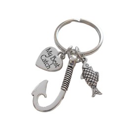 Hook Charm Keychain with Small Fish Charm & My Best Catch Engraved Heart Charm, Couples Keychain