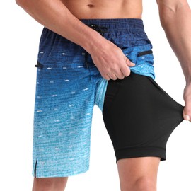 zeetoo Mens Swim Trunks with Compression Liner 9" Inseam Quick Dry Swim Shorts with Zipper Pockets Bathing Suit Gradient-Fish-Blue L