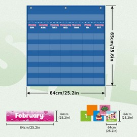 Boho Calendar Pocket Chart with 88 Cards for Classroom, Monthly Calendar and Weather Pocket Chart, Classroom Decor, for Kindergarten or Kids Learning, Teacher Must Have Supplies (Blue)