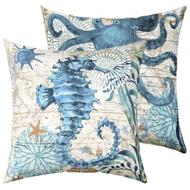 Vintage Seahorse Throw Pillow Covers 18"x18" Set of 2 Soft Retro Octopus Print Pillow Cases Cushion Covers For Living Room Bedroom Ocean Sea Animal Decorative Throw Pillowcases for Sofa Couch Chair