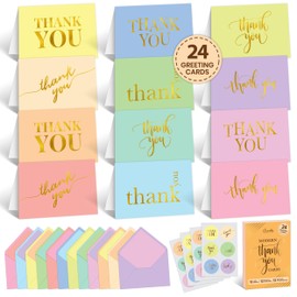 Decorably 24 Pack Gold Foil 6x4in Modern Thank You Cards with Envelopes - 12 Elegant Pastel Designs Colorful Thank You Cards with Envelopes - Blank Inside - Gratitude, Appreciation, All Ocassions