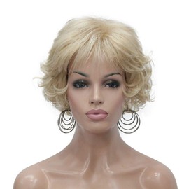 Lydell Short Wavy Curly Layered Synthenic Wigs with Hair Bangs for Women Girls Golden Blonde